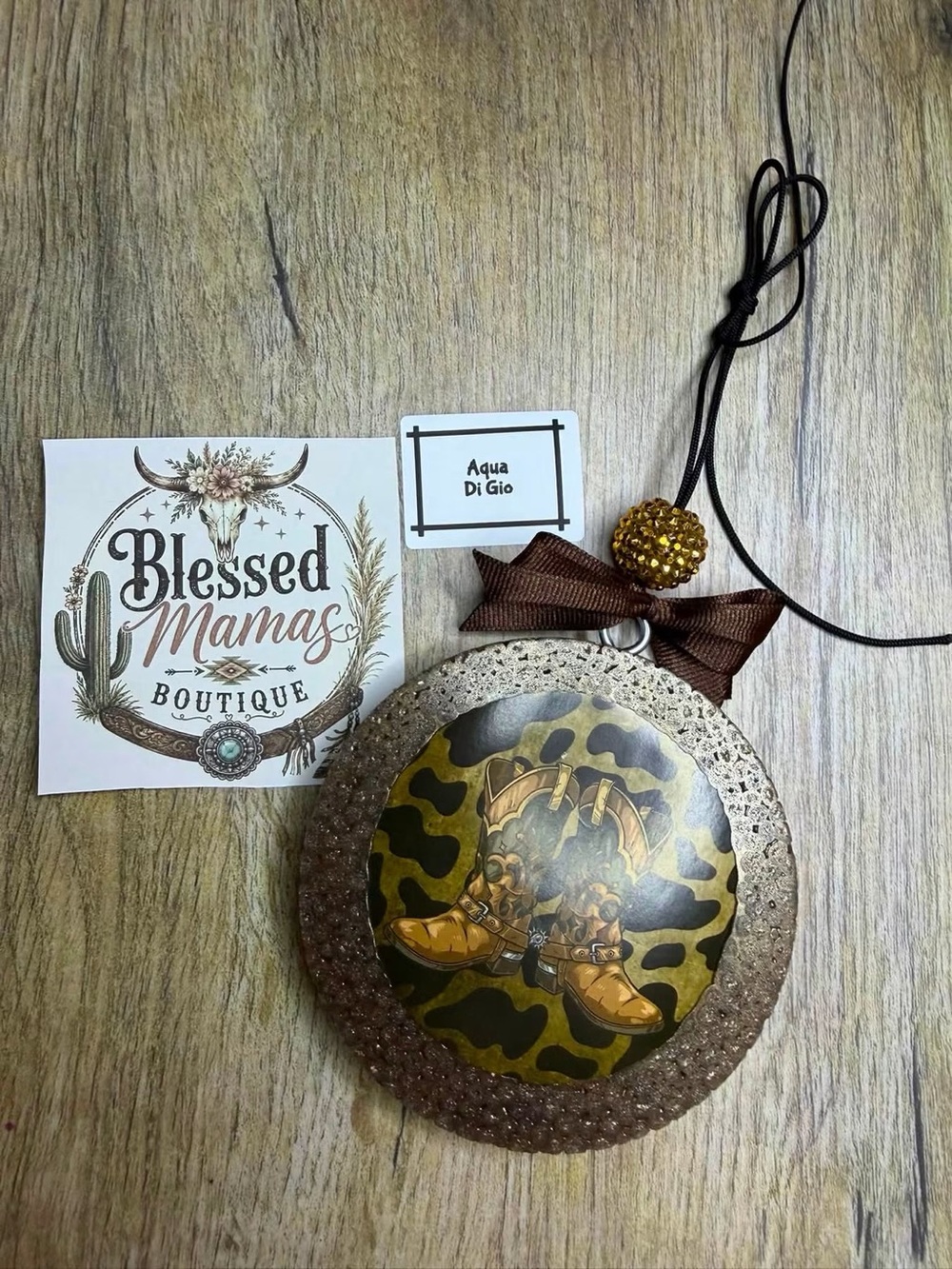 Aqua Di Gio Pendant Car Freshie with Brown Ribbon & Gold Accent